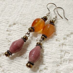 Boho Hippie Carnelian + Paper Bead Beaded Jewelry Earrings Sterling Silver Hooks
